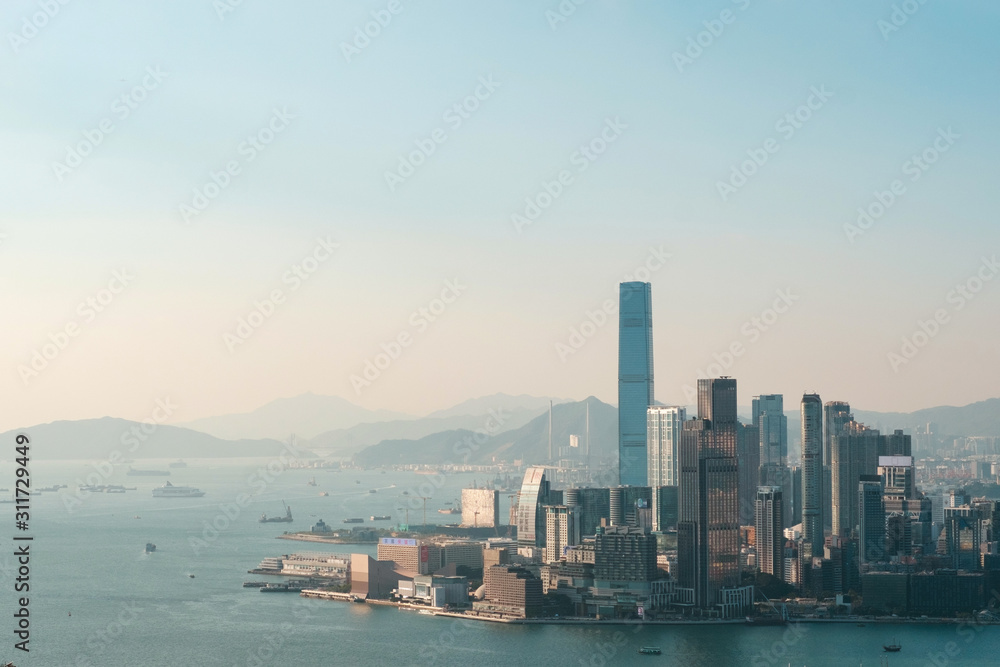 Skyline of Hong Kong, aerial of Kowloon city - obrazy, fototapety, plakaty 
