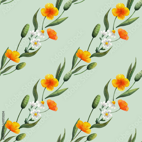 Floral ornament in the form of stripes on a light green background.Seamless watercolor pattern. Field flowers © Анна Сухова