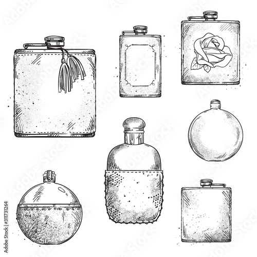 Set of different drinking hip flasks, vector drawing