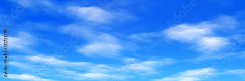 Colorful panoramic landscape: blue sky and fluffy clouds. (Plane backplate, 3D rendering computer digitally generated illustration.)