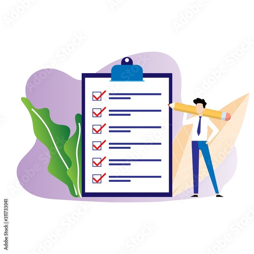 Concept of business organization and achievement of goal, checklist with tick mark the questionnaires. Businessman holding a big pencil to complete checklist by tick the square.