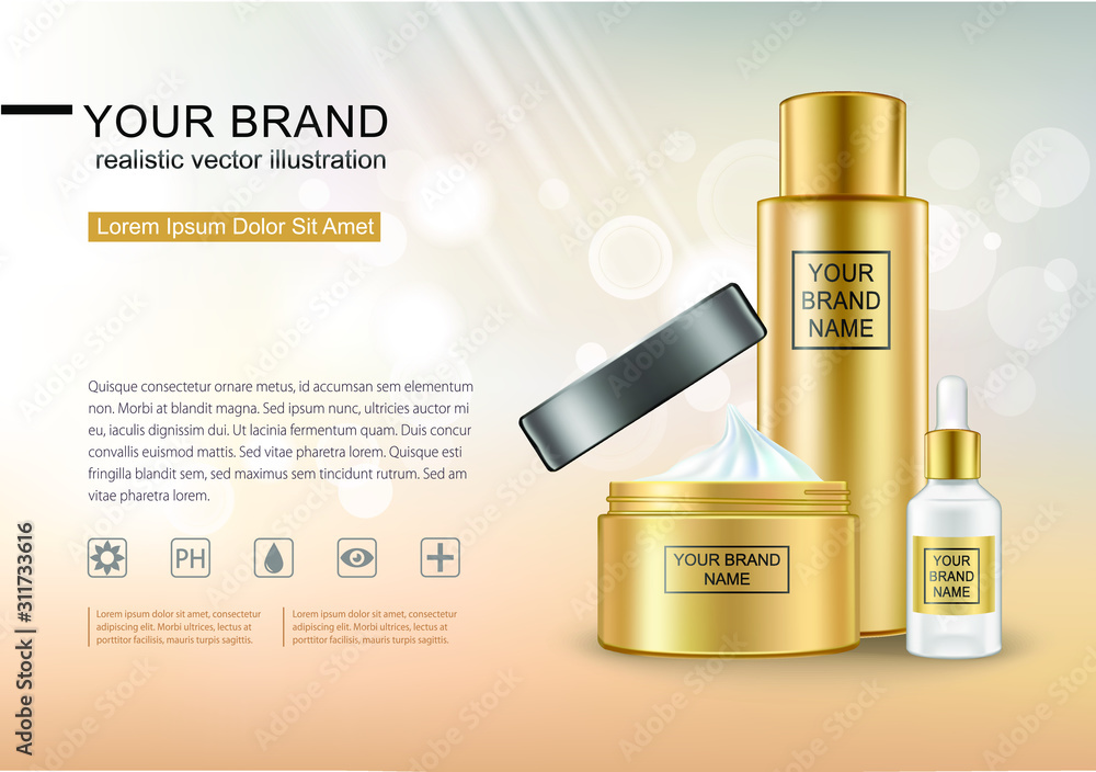Realistic cosmetic container mockup, your brand marked area, print template for magazine design. Shine and glow surface effect.