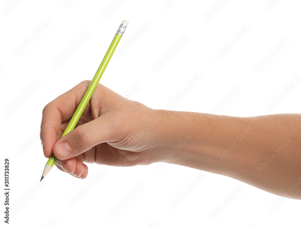 Man holding ordinary pencil on white background, closeup Man holding ordinary pencil on white background, closeup