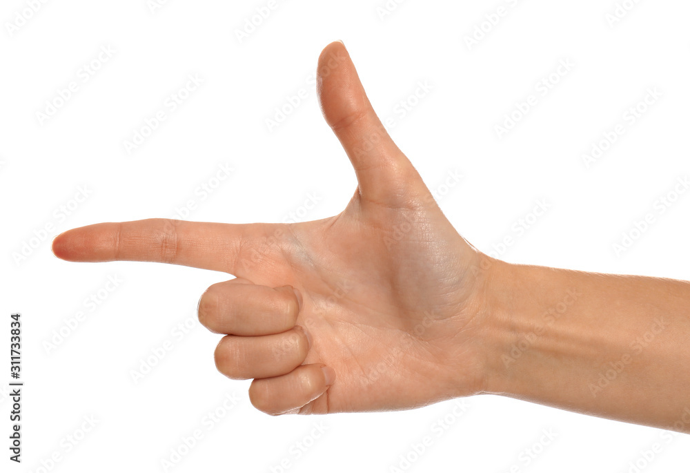 Woman making frame with hand on white background, closeup Woman making frame with hand on white background, closeup