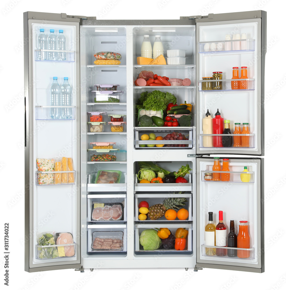 Open refrigerator full of products isolated on white Open refrigerator full of products isolated on white