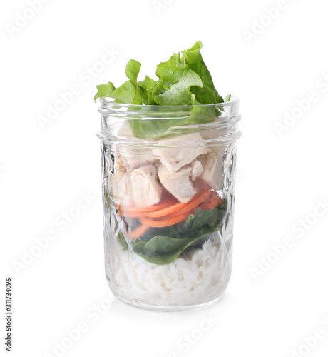 Healthy salad in glass jar isolated on white