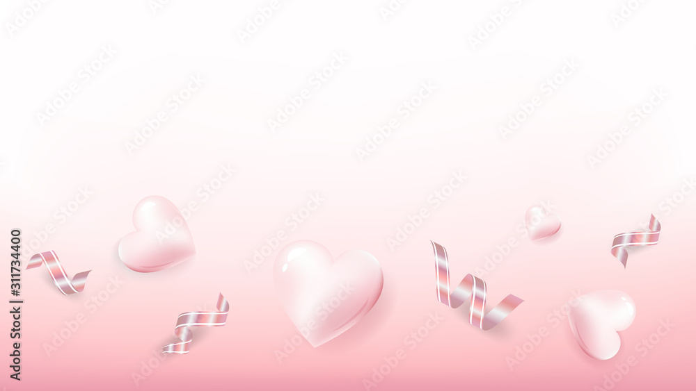 Valentines background, pink pastel sweet heart, greeting card decoration background vector, top view, romantic banner celebration