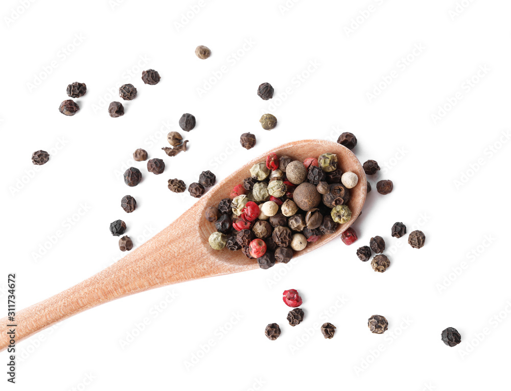 Mix of different pepper grains isolated on white, top view Mix of different pepper grains isolated on white, top view