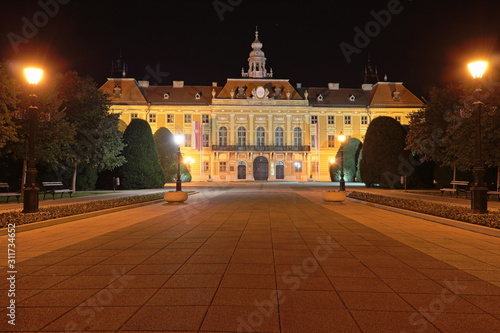 The County Hall in Sombor, Serbia at night.