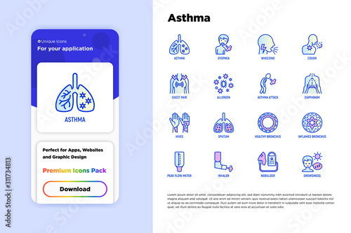 Asthma thin line icons set: allergen, dyspnea, cough, wheezing, chest pain, diaphragm, asthma attack, hives, sputum, peak flow meter, inhaler, nebulizer. Vector illustration for mobile user interface.