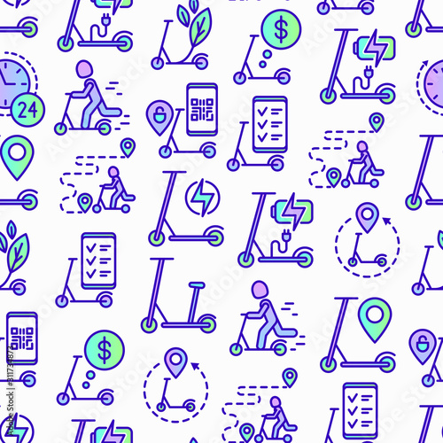 Electric scooter seamless pattern with thin line icons: sharing service, mobile app, QR code, parking, helmet, eco transport, pointer. Modern vector illustration.