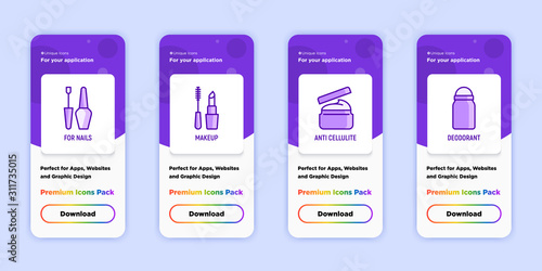 Mobile user interface for beauty shop. Thin line icons: make up, anti cellulite cream, nail care, deodorant. Modern vector illustration with copy space.