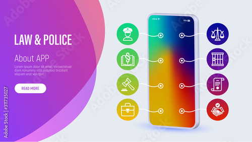 Law and police web page template with copy space. Mobile app on smartphone with thin line icons: policeman, judge, prison, gavel, prosecutor, lawyer, court, conviction. Vector illustration.