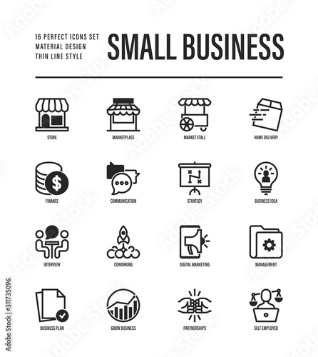 Small business thin line icons set. Marketplace, market stall, home delivery, job interview, coworking, startup, digital marketing, finance, self employed. Vector illustration.