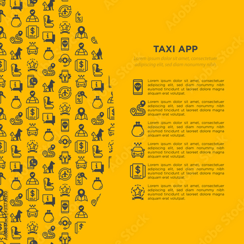 Taxi app concept with thin line icons: payment method, promocode, app settings, info, support service, phone number, route, destination, airport transfer, baby seat. Vector illustration.