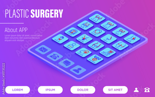 Plastic surgery web page template. Buttons on tablet with thin line isometric icons. Breast enlargement, mastopexy, implant, rhinoplasty, buttock lift, hair replacement. Vector illustration.