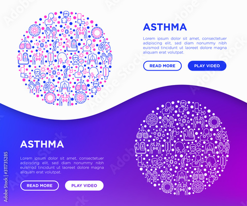Asthma concept in circle with thin line icons: allergen, dyspnea, cough, wheezing, chest pain, diaphragm, asthma attack, hives, sputum, peak flow meter, inhaler, nebulizer. Modern vector illustration.