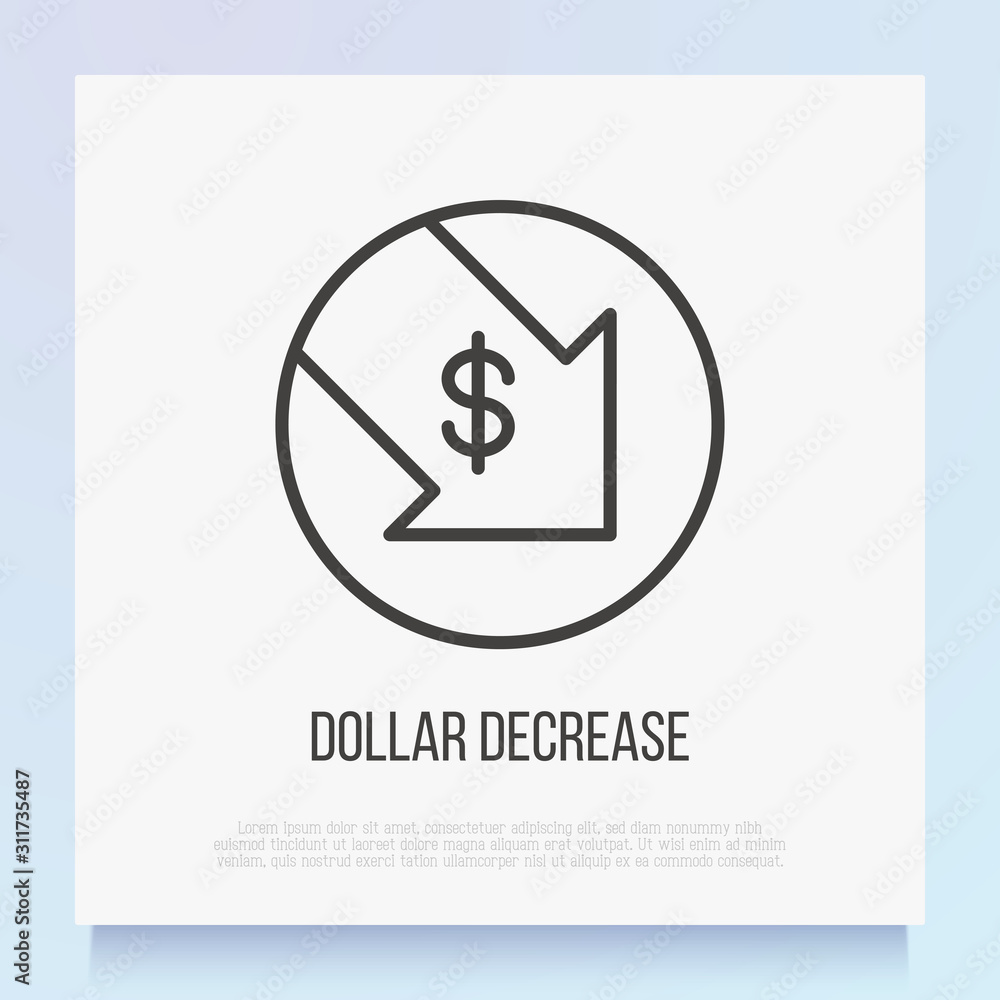 Dollar decreasing thin line icon: arrow symbol falling down. Rate cut, finance crisis, price reduction. Vector illustration. Dollar decreasing thin line icon: arrow symbol falling down. Rate cut, finance crisis, price reduction. Vector illustration.