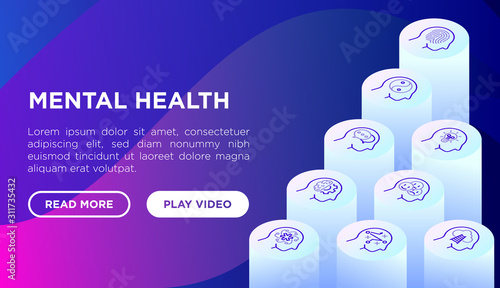 Mental health web page template with thin line isometric icons: mental growth, negative thinking, emotional reasoning, logical plan, obsession, inner dialogue. Modern vector illustration.