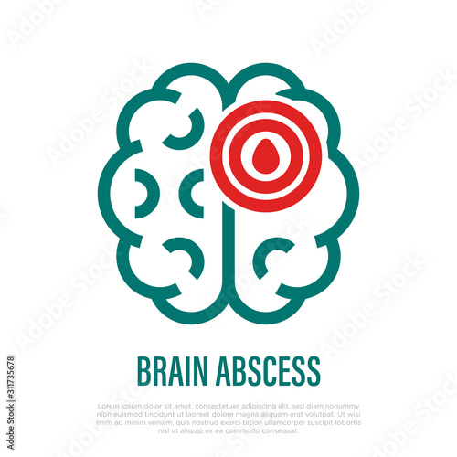 Brain abscess thin line icon. Inflammation and pain in brain. Headache, migraine. Vector illustration.