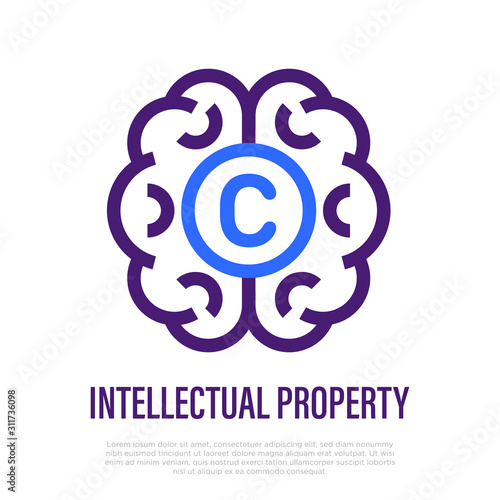 Intellectual property thin line icon. Brain with copyright symbol. Idea protection. Vector illustration.