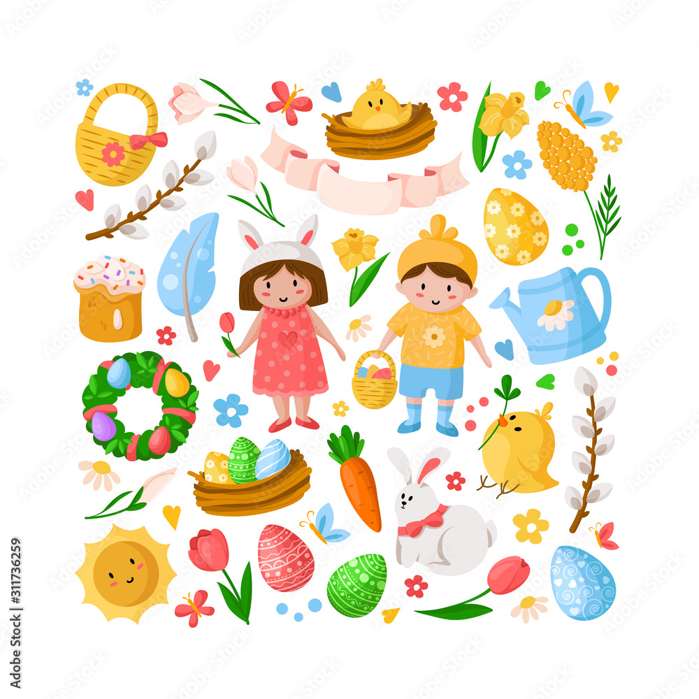 Cartoon Easter Day, kids boy girl in costumes, easter eggs, spring flowers, rabbit, chiken, willow branch, floral wreath, tulips, cake, isolated on white for cards, print, your designs - vector Cartoon Easter Day, kids boy girl in costumes, easter eggs, spring flowers, rabbit, chiken, willow branch, floral wreath, tulips, cake, isolated on white for cards, print, your designs - vector