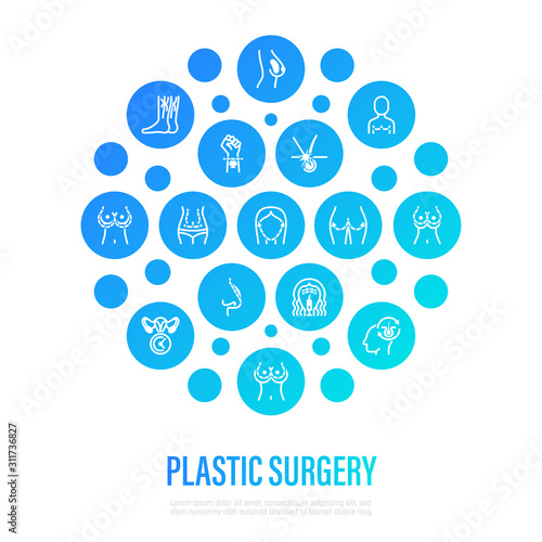 Plastic surgery concept in circle shape. Thin line icons. Breast enlargement, mastopexy, implant, liposuction, rhinoplasty, buttock lift, hair replacement, abdominoplasty. Vector illustration.