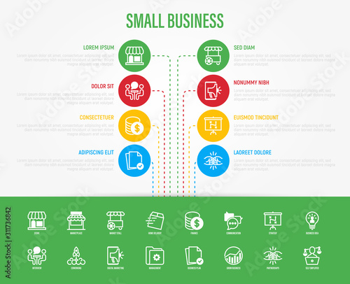 Small business infographics with thin line icons. Symbols of marketplace, market stall, home delivery, job interview, coworking, startup, marketing, finance, self employed. Vector illustration.