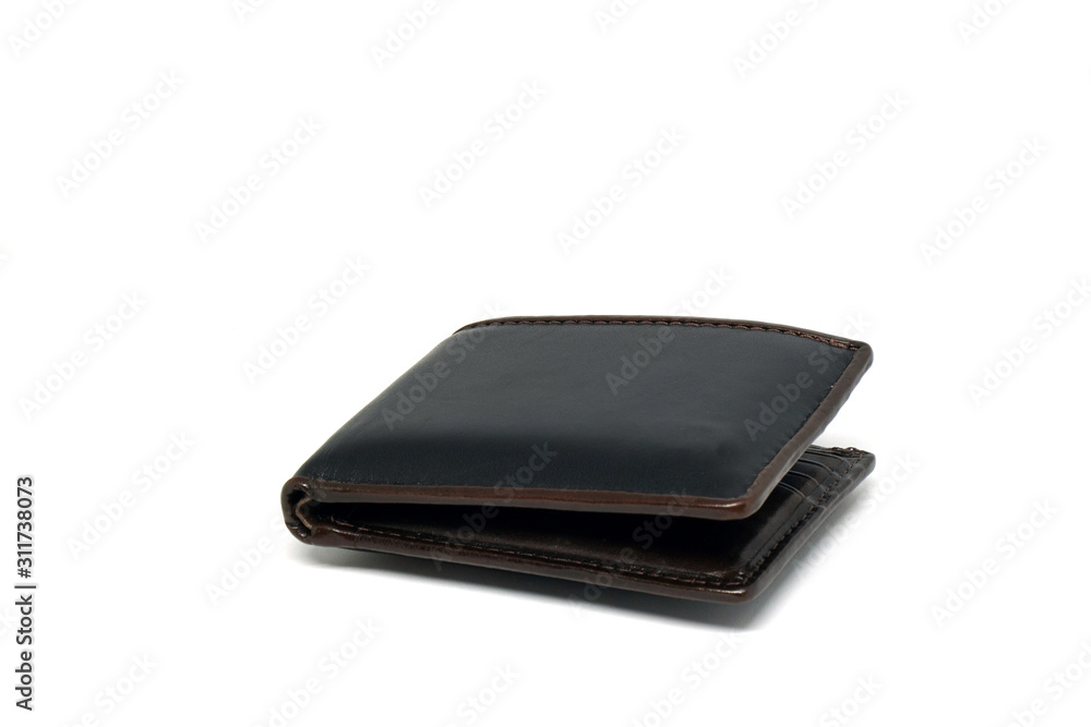 Object of Brown wallet and money inside isolated white background - Business concept Object of Brown wallet and money inside isolated white background - Business concept