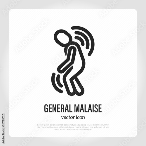 General malaise thin line icon, first sign of illness or infection. Tiredness, depression, feeling of discomfort. Burnout syndrome. Vector illustration.