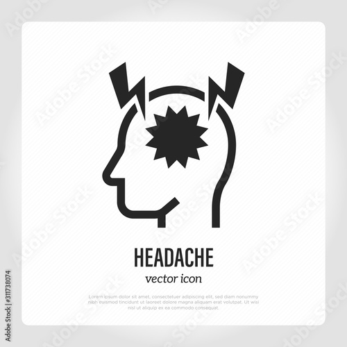 Headache or migraine thin line icon. Acute pain in head. Symptom of brain abscess. Vector illustration.
