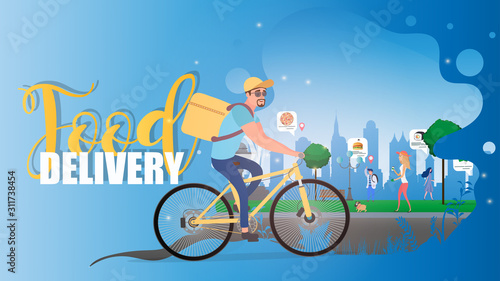 Food delivery banner. A cyclist with a box on his back. Ecological food delivery concept. A cyclist with delivery rides through the park. Park with people. Vector illustration