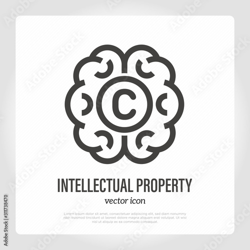 Intellectual property thin line icon. Brain with copyright symbol. Idea protection. Vector illustration.