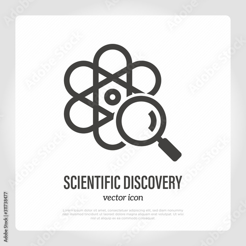 Scientific discovery thin line icon. Model of atom with magnifier. Vector illustration for laboratory research.