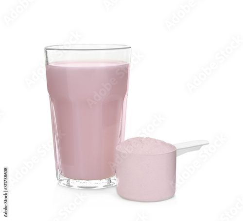 Protein shake and powder isolated on white