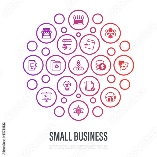 Small business concept in circle shape. Thin line icons. Marketplace, market stall, home delivery, job interview, coworking, startup, digital marketing, finance, self employed. Vector illustration.