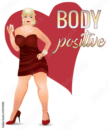 Body positive plus size sexy woman with champagne, vector illustration