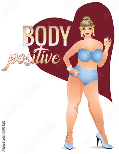 Body positive plus size woman with champagne, vector illustration