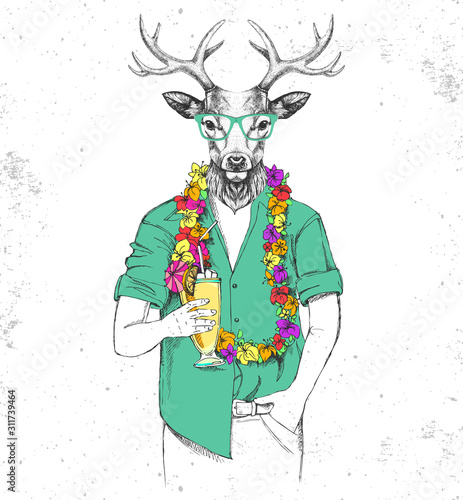 Retro Hipster animal deer with tropic cocktail