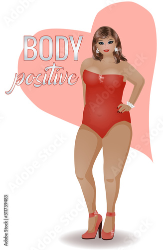 Body positive plus size attractive  girl, vector illustration