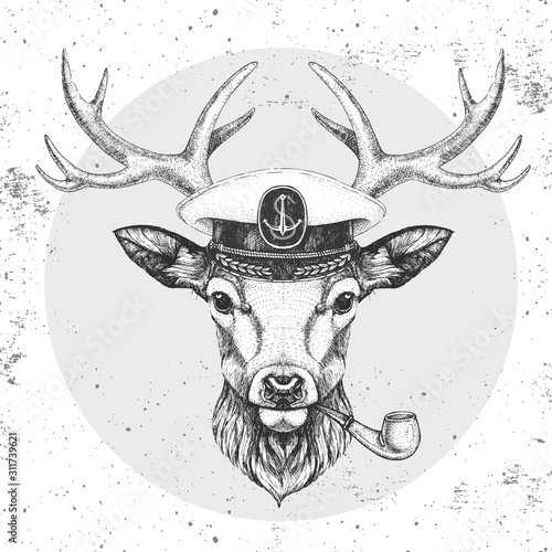 Hipster animal deer in captain's cap and smoking pipe. Hand drawing Muzzle of deer