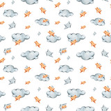 Watercolor hand painted stars and clouds. Cute cartoon characters. Lovely illustration. Seamless pattern on white background