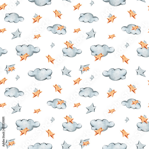 Watercolor hand painted stars and clouds. Cute cartoon characters. Lovely illustration. Seamless pattern on white background