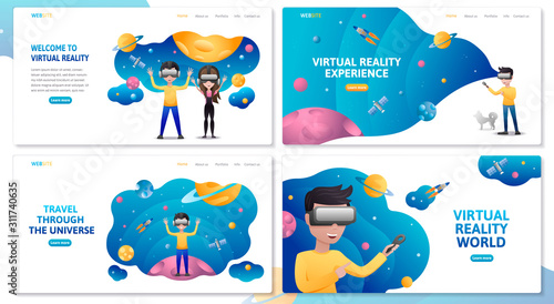  Virtual reality website template set. Man wearing vr headset and looking at outer space with planets and rockets. Augmented reality concept with people learning and entertaining.  Vector illustration