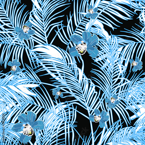 Floral seamless  pattern with bright tropical leaves and exotic flowers. Pattern can be used for wallpaper and textile, pattern fills, web page background, surface textures.