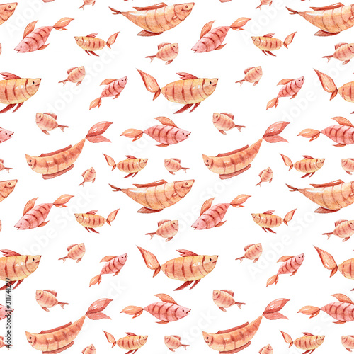 Watercolor hand painted sea life set. Seamless pattern with whales, fish on white background. Can be used for a poster, printing on fabric., scrapbooking, wrapping paper