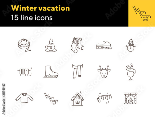 Winter vacation line icon set with ice skates and sledges