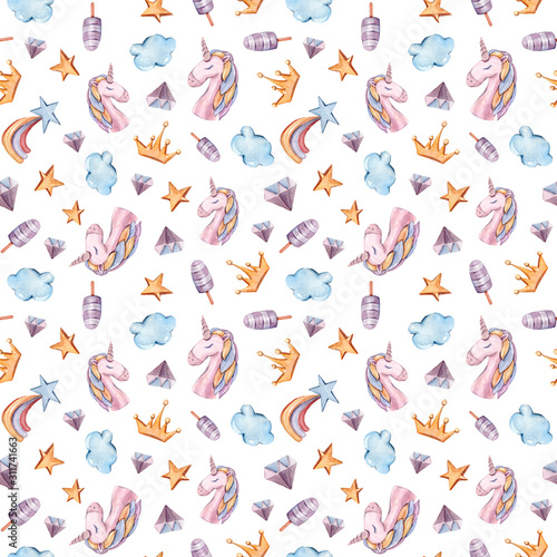 Watercolor hand painted seamless pattern with magical unicorns, ice cream, ,rainbow, stars, diamond, clouds on white background. Cute cartoon illustration © Tiana_Geo