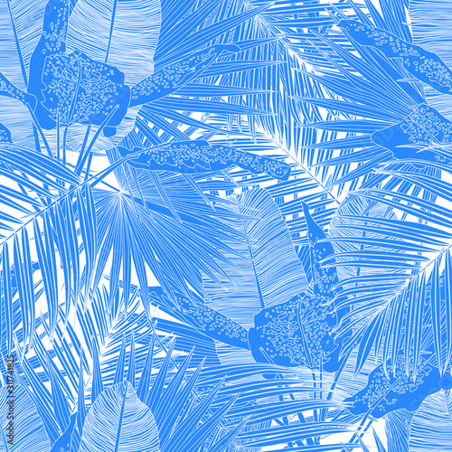 Seamless tropical pattern with palm leaves and exotic flowers. Graphic vector background.