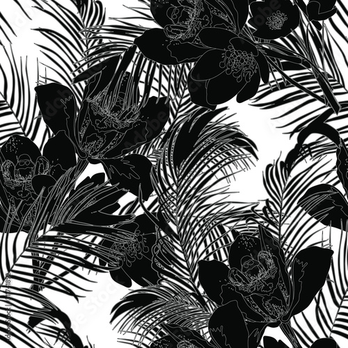 Wallpaper Mural Black and white  seamless pattern with graphic leaves and exotic flowers . Abstract background texture. Torontodigital.ca